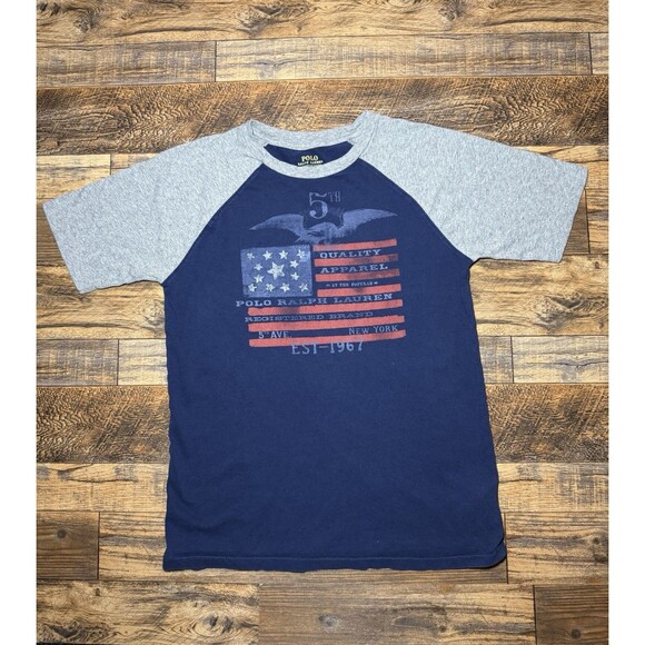 Ralph‎ Lauren Boys Graphic T-Shirt Blue Gray Raglan L 14-16 - Picture 1 of 4